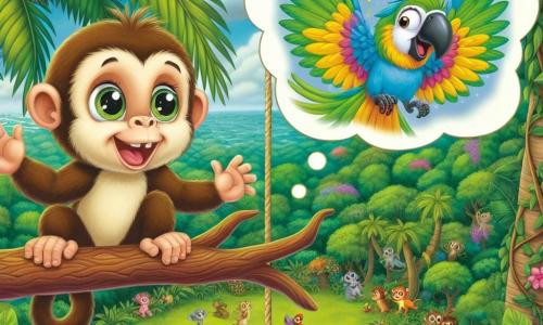 Un mic maimuțel pe nume Mica, cu blana de un brun deschis și ochi strălucitori de curiozitate, stă pe o ramură de cocos, zâmbind entuziast în timp ce plănuiește o mare petrecere în junglă. Lângă el, un papagal colorat pe nume Paco, cu pene verzi și galbene strălucitoare, zboară vesel anunțând petrecerea celorlalte animale, cu aripile desfăcute și ciocul deschis cântând. Sub el, jungla este luxuriantă, plină de frunze mari verzi, flori strălucitoare și copaci măreți, creând o atmosferă festivă și primitoare. Scena îl arată pe Mica imaginând petrecerea, înconjurat de energia veselă a junglei, pregătit să-și primească toți prietenii pentru o zi de râsete și dans.