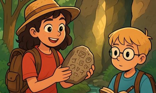 O tânără exploratoare, Maria, o fată de 12 ani cu părul castaniu și creț, poartă o pălărie de paie și un rucsac plin cu unelte de explorare. Fața ei exprimă uimire și determinare, iar ochii îi strălucesc de entuziasm în timp ce examinează o piatră veche gravată cu simboluri misterioase. Lângă ea, un băiețel de 10 ani, prietenul ei Lucas, cu părul blond și ochelari rotunzi, privește cu curiozitate, ținând un caiet în care ia notițe. Se află la marginea unei fante naturale între două stânci mari, unde lumina soarelui pătrunde, iluminând detaliile inscripțiilor de pe pietre. Locul este o pădure verde, cu copaci majestuoși și ferigi luxuriante, în timp ce un pârâu murmură în apropiere. Situația principală arată cum Maria și Lucas descoperă împreună un vechi aliniament de pietre, captivați de frumusețea și misterul mediului lor.