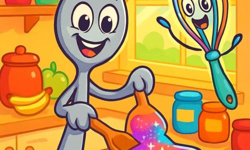 A small smiling spoon named Sammy, with sparkling eyes and a big smile, stands in the center of the kitchen holding a wooden spatula. He is enthusiastic and determined, pouring shimmering jelly into a star-shaped mold. Next to him, a cheerful whisk named Whizzy, with colorful spirals and a friendly face, dances in the air, expressing joy and excitement. The kitchen is bright and welcoming, filled with colorful jars, fresh fruits, and sunlight filtering through the window. Sammy and Whizzy are preparing a special surprise for Father's Day, creating a magical jelly that shines like stars, filled with vibrant colors and happiness.