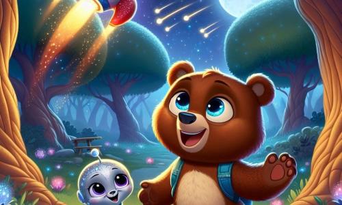 En un claro encantado, un oso pardo llamado Tito, con ojos brillantes de curiosidad, mira asombrado una nave espacial brillante, con colores vivos y luces centelleantes. Tito, con su suave pelaje y grandes patas, expresa una alegría contagiosa, con los brazos abiertos como si quisiera abrazar el universo. A su lado, Zuri, una pequeña criatura extraterrestre de ojos brillantes y piel plateada, lleva una bufanda azul. Ella sonríe con entusiasmo, señalando las estrellas que brillan sobre ellos, lista para compartir sus conocimientos sobre el espacio. El lugar es un claro mágico, rodeado de grandes árboles con troncos retorcidos y hojas luminosas, con un cielo nocturno lleno de estrellas y una luna plateada que ilumina la escena con una suave luz. Tito y Zuri, asombrados, están frente a la nave espacial, listos para embarcarse en una aventura intergaláctica, mientras estrellas fugaces cruzan el cielo, añadiendo un toque de magia a su encuentro.