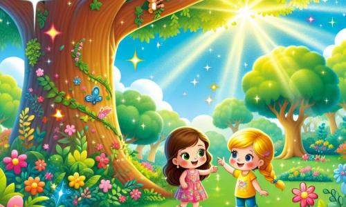 Two little girls, Mia and Ava, are at the center of the image. Mia, 6 years old, has long brown hair and is wearing a pink dress with flowers. She is standing and pointing at a large majestic tree to her right. Ava, also 6, has braided blonde hair and is wearing a yellow t-shirt and blue shorts. She is crouched down, examining a colorful flower at her feet. The setting is a sunny park filled with lush greenery. Sunlight filters through the leaves, creating bright patterns on the ground. In the background, there is a clear blue sky with fluffy clouds. The main scene shows Mia and Ava discovering a shiny treasure map, with twinkling stars around them, symbolizing their exciting adventure. They are surrounded by colorful flowers and curious animals, ready to join them on their quest.