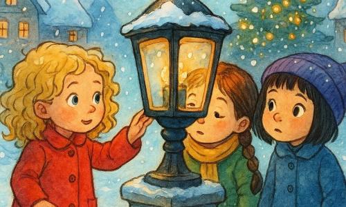 Hay 3 personajes: - Una niña llamada Luna, de 5 años, con cabello rubio rizado y ojos azules brillantes, lleva un abrigo rojo y botas de goma. Está de pie a la izquierda, tocando suavemente el vidrio del farol. - Una niña llamada Rosa, de 5 años, con cabello castaño en dos trenzas y mejillas rosadas, vestida con un abrigo verde y una bufanda amarilla. Está en el centro, con la oreja pegada al metal del farol. - Una niña llamada Paula, de 5 años, con cabello negro corto y ojos marrones curiosos, lleva un abrigo azul y un gorro violeta. Está a la derecha, mirando el farol con expresión de interrogante. El lugar es una pequeña plaza de pueblo nevada, rodeada de casas con techos cubiertos de nieve. En el centro hay un antiguo farol sobre un pedestal de piedra, rodeado de luces centelleantes y copos de nieve que caen suavemente. Un gran árbol de Navidad decorado con guirnaldas luminosas se alza en el fondo. La situación principal muestra a las tres niñas alrededor del farol, tratando de entender por qué no brilla. La escena está bañada en una luz suave y cálida, con reflejos dorados y azules de las decoraciones navideñas cercanas. Las expresiones de las niñas están llenas de curiosidad y determinación, mientras la nieve sigue cayendo pacíficamente a su alrededor.
