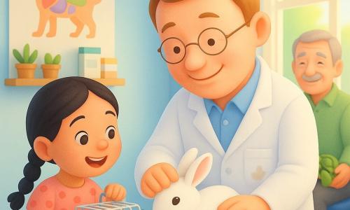 Un veterinario sonriente y amable, de rostro redondo, cabello castaño claro y gafas finas, con bata blanca ligeramente manchada de barro, acaricia suavemente un pequeño conejo blanco sobre una mesa de examen de madera; a la izquierda, Sofía, una niña de 7 años con trenza y vestido rosa de lunares, sostiene la jaula abierta y mira feliz al conejo; al fondo a la derecha, el señor Pedro, de unos 60 años, con cabello gris y bigote, camisa verde, sentado y sonriendo con una tortuga en el regazo; la clínica es una pequeña habitación luminosa de paredes azul pastel, grandes ventanas que dejan entrar el sol, póster de anatomía animal y una estantería de madera con frascos y cajas, creando un ambiente cálido, tranquilo y tierno.