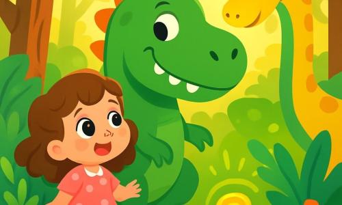 Uma menina de 4 anos, Sofia, com grandes olhos brilhantes e cabelos cacheados castanhos, observa com admiração um enorme dinossauro verde à sua frente. Ela usa um vestido rosa com bolinhas brancas e suas bochechas estão rosadas de excitação. Perto dela, um dinossauro de pescoço longo, com manchas amarelas, se inclina para observá-la, com olhos curiosos e amigáveis. O cenário é uma floresta pré-histórica luxuriante, cheia de árvores gigantes com troncos grossos e folhas enormes, iluminadas por uma luz dourada que filtra através da folhagem. Flores coloridas e samambaias cercam Sofia, adicionando um toque de magia ao ambiente. Sofia acabou de pressionar um botão brilhante de uma máquina do tempo e está maravilhada com este mundo antigo onde os dinossauros vivem livremente.