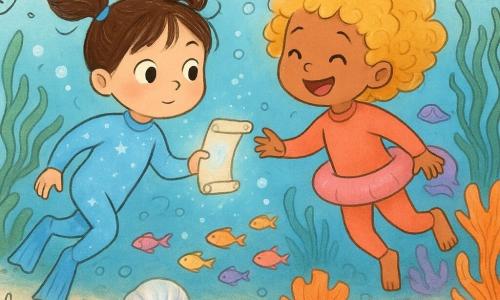 Há duas personagens principais: Luna, 5 anos, pele clara, cabelo castanho em marias‑chiquinhas, olhos curiosos, veste uma roupa de mergulho azul‑claro com pequenas estrelas brancas, segura um pergaminho luminoso na mão direita; e Mia, 5 anos, pele morena, cabelo loiro e encaracolado, olhos risonhos, veste uma roupa de mergulho coral‑rosa com uma boia macia na cintura, seguindo Luna com ar maravilhado. O cenário é um fundo marinho colorido junto ao 