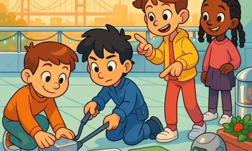 Milo, an 8-year-old boy with a round freckled face and short brown hair, crouches smiling and steadying a small shiny gray sensor box while Jun, also about 8 with messy black hair and a blue outfit, uses a long flexible grabber to place a white plastic tray on it; Lina, an 8-year-old girl with a ponytail and yellow jacket, stands nearby encouraging and pointing, and Suri, an 8-year-old girl with braided black hair, watches the roof edge and the line of bouncy tiles; a small round silver household robot Mop-3 with a green LED quietly vacuums by the railing. The school rooftop is bright with colorful elastic tiles (yellow, blue, green), low strawberry planters, chrome snack kiosks, a low safety fence with a blue LED garland about to light; the sensor box pulses faintly as Jun pulls and Milo stabilizes, Lina guides, Suri supervises, and Mop-3 clears a small debris, all bathed in soft metallic reflections and golden late-afternoon light against an urban sky of suspension bridges and floating drones.
