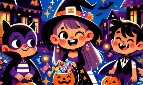 Ilustración de una niña disfrazada de brujita, sonriendo. Lleva un sombrero puntiagudo negro, una capa que flota y sostiene una pequeña bolsa llena de caramelos. A su lado, un niño disfrazado de vampiro, con dientes afilados y una expresión traviesa, mira emocionado los caramelos. Más lejos, otra niña disfrazada de adorable gatita, con orejas de gato y una expresión de asombro, admira las decoraciones de Halloween. El escenario es una calle animada, iluminada por faroles en forma de calabaza, con casas decoradas con telarañas y fantasmas de papel, creando una atmósfera festiva y ligeramente misteriosa. La escena principal muestra a la niña brujita y sus amigos tocando la puerta de una casa decorada, esperando ansiosos que el dueño les abra y les ofrezca caramelos. Elementos gráficos adicionales incluyen estrellas brillantes en el cielo nocturno, hojas de otoño cayendo suavemente y sombras danzantes creadas por las luces de las decoraciones.