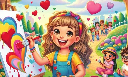Una niña de 10 años, llamada Sofía, con largos cabellos rizados y una gran sonrisa, está pintando un gran mural colorido en un parque. Lleva una camiseta amarilla brillante y un delantal lleno de manchas de pintura. A su lado, su mejor amigo Lucas, un niño de 10 años con cabello castaño desordenado y gafas, ríe sosteniendo un pincel lleno de pintura roja, listo para agregar corazones al mural. Valeria, una niña de 9 años con trenzas y un sombrero colorido, está sentada en el suelo, dibujando corazones en hojas de papel que planea colgar en el mural. El parque está lleno de vegetación, con maj árboles y flores coloridas. A lo lejos, se ven familias que se reúnen para celebrar el Día de San Valentín, creando un ambiente alegre y festivo. Sofía y sus amigos trabajan juntos para crear un hermoso mural de corazones y colores, simbolizando el amor y la amistad, mientras ríen y se divierten bajo un cielo azul salpicado de nubes blancas.