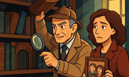 Ein Detektiv namens Kommissar Theodor Schwarz steht in einer alten Bibliothek, umgeben von antiken Büchern. Sein vom Alter gezeichnetes Gesicht, graue Haare und ein beiger Trenchcoat, sowie ein Detektivhut prägen sein Erscheinungsbild. Sein konzentrierter und entschlossener Ausdruck, die intelligent leuchtenden Augen, während er ein altes Buch mit einer Lupe untersucht, sind auffällig. Neben ihm steht eine etwa 40-jährige Frau, Elise Habicht, mit braunen, gewellten Haaren und einem eleganten Mantel. Sie blickt Theodor mit einem Ausdruck von Hoffnung und Besorgnis an und hält ein altes Familienporträt in den Händen. Der Ort ist eine dunkle, geheimnisvolle Bibliothek mit massiven Holzregalen voller staubiger Bücher. Lichtstrahlen dringen durch die Fenster und beleuchten Spinnweben in den Ecken, während ein alter Globus auf einem Holztisch steht. Die Hauptsituation zeigt, wie Theodor ein Geheimnis hinter einem Regal entdeckt, als er ein Buch anhebt, um eine kleine Geheimtür zu enthüllen. Die Atmosphäre ist angespannt und faszinierend, voller Geheimnisse und Abenteuer.