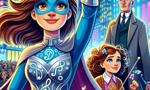 Daria, una donna coraggiosa di circa trent'anni, si trova al centro della scena, con i capelli castani che fluttuano nel vento. Il suo volto esprime una determinazione luminosa, con occhi scintillanti di fiducia. Indossa un costume da supereroe blu e argento, decorato con motivi di note musicali, che simboleggiano il suo potere di creare vibrazioni. Alza una mano, pronta a liberare un'onda sonora magica. Accanto a lei, Maia, una ragazza di dieci anni con capelli ricci e un sorriso radioso, brandisce una piccola bacchetta da direttore d'orchestra, piena di energia e ammirazione per Daria. Sullo sfondo, il Silenziere, un uomo misterioso di quarant'anni, indossa un cappotto grigio e ha il volto coperto da una maschera liscia, apparendo concentrato e un po' preoccupato. La scena si svolge in una grande piazza animata, circondata da edifici futuristici dai colori vivaci, lampioni scintillanti e alberi con foglie luminescenti. Bambini e adulti si radunano intorno, catturati dall'energia vibrante dell'evento. La situazione principale mostra Daria e Maia unite per liberare la musica e sconfiggere il Silenziere, che cerca di far cadere la città nel silenzio, mentre onde sonore si alzano attorno a loro, creando un'atmosfera di magia e speranza.
