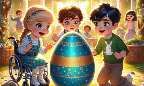 En un jardín soleado, tres niños están reunidos alrededor de un gran huevo de Pascua. Miguel, un niño de cuatro años, está sentado en su silla de ruedas. Tiene el cabello castaño y ojos brillantes. Sonríe con entusiasmo al mirar el huevo. Clara, una niña de cinco años, está al lado de Miguel. Tiene el cabello rubio trenzado y lleva un vestido colorido con motivos de flores. Levanta los brazos en el aire, llena de emoción. Tomás, un niño de seis años, está de pie detrás de Clara. Tiene el cabello negro y lleva una camiseta verde con un pequeño conejo dibujado. Mira el huevo con curiosidad, listo para descubrir lo que esconde. El jardín está decorado con guirnaldas de papel de colores y globos, con flores brillantes que bailan al viento. El huevo gigante, de un azul brillante con puntos dorados, se encuentra en el centro, atrayendo todas las miradas. Los niños están abriendo el huevo misterioso, descubriendo un mensaje secreto en su interior que los lleva a una aventura de Pascua llena de sorpresas y amistad.
