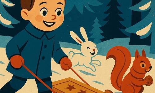 Hugo, um menino de 6 anos com olhos brilhantes e um grande sorriso, puxa um pequeno trenó de madeira decorado com estrelas. Ele veste um casaco azul e luvas vermelhas, avançando com cuidado na neve. Ao seu lado, um coelhinho branco, curioso e travesso, pula alegremente, com as orelhas em pé. Mais adiante, um esquilo com um cachecol vermelho segura uma noz, observando a cena com olhos maliciosos. A cena ocorre em uma floresta nevada, com árvores cobertas de neve cintilante e um céu estrelado ao fundo. A situação principal mostra Hugo concentrado e feliz, puxando o trenó com cuidado em um caminho nevado, cercado por seus amigos animais.