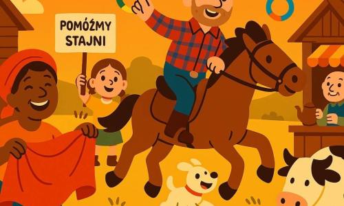 Uśmiechnięty, zdeterminowany kowboj około 40 lat, okrągła twarz, kilkudniowy zarost, szeroki brązowy kapelusz, czerwononiebieska koszula w kratę, skórzane buty, na koniu sięga po kolorowe kółko w locie; obok na pierwszym planie z lewej Pani Rosa, około 35 lat, ciemna karnacja, szeroki uśmiech, trzyma dużą czerwoną chustę powiewającą za nią; z tyłu po prawej Pan Li, około 50 lat, niski, siwe włosy, trzyma dzbanek z herbatą przy stoisku na targu; z tyłu po lewej dziewczynka Mewa, około 12 lat, warkocze, świecące oczy, trzyma tabliczkę „Pomóżmy stajni”; pies Bąbel mały okrągły, biały, skacze radośnie przy koniu; krowa Łatka duża, łaciata, żuje trawę przy stogu siana; sceneria: targ na złotej łące pod dużym pomarańczowym niebem późnego popołudnia, drewniane budki, kolorowe proporce, publiczność w kapeluszach i śmiejące się dzieci; główna sytuacja: radosne przedstawienie kowboja galopującego i łapiącego kolorowe kółka, zbieranie monet, ciepła atmosfera, żywe kontrastowe kolory i proste czytelne formy dla dzieci.