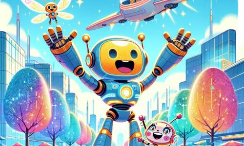 Un pequeño robot colorido, con un cuerpo brillante y luces centelleantes, expresa gran alegría y emoción mientras se prepara para despegar en un vehículo futurista. A su lado, un robot gigante, tan alto como un edificio, muestra una amplia sonrisa y gestos entusiastas, listo para tomar el control del vehículo. Una pequeña robotina con alas brillantes vuela a su alrededor, con ojos chispeantes de felicidad, aplaudiendo el momento. La escena tiene lugar en un parque futurista de Brillatopia, donde árboles luminosos con hojas multicolores bailan al ritmo de una música alegre y edificios de vidrio brillan bajo el sol. En la distancia, coches voladores surcan el cielo azul, añadiendo un toque dinámico al entorno. El momento capturado muestra a los tres amigos listos para volar en su coche volador, rodeados de un ambiente festivo y lleno de promesas de aventuras por venir.