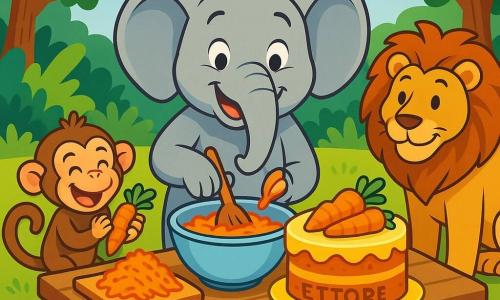 Un elefante gioioso di nome Ettore, con la pelle grigia lucente e grandi orecchie dai contorni morbidi, sta preparando una enorme torta di carote in una cucina all'aperto. Ha un grande sorriso sul viso e gli occhi brillanti di eccitazione. Accanto a lui, una piccola scimmia birichina, con il pelo marrone e occhi vivaci, lo aiuta battendo le mani e ridendo, mentre un maestoso leone, con una criniera dorata sfavillante, osserva con aria ammirata. La scena si svolge in una radura soleggiata della giungla, circondata da alberi verdi lussureggianti e fiori colorati che aggiungono vita all'ambiente. Ettore, con la sua proboscide, mescola gli ingredienti in una grande ciotola, mentre la scimmia gli passa carote grattugiate, creando un'atmosfera gioiosa e amichevole.