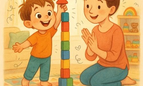 Bambino di 4 anni dal viso rotondo e capelli castano chiaro spettinati, occhi grandi e sorriso trionfante mentre posa l’ultimo blocco rosso su una torre alta di mattoncini rossi, blu, gialli e verdi; la madre di circa 30 anni, capelli castani raccolti, occhi teneri, seduta sul tappeto multicolore vicino a lui, sorride e applaude con una mano sulle ginocchia; salotto luminoso con finestra e tenda leggera, scaffale basso pieno di giocattoli, alcuni blocchi caduti e un trenino di legno accanto; atmosfera gioiosa e rassicurante, colori pastello vivaci, texture morbide, composizione centrata, profondità ridotta e stile infantile con tratti arrotondati e contorni leggermente scarabocchiati.