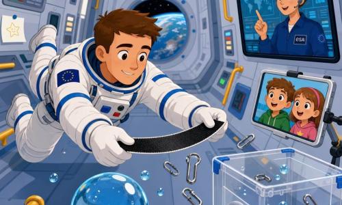 Un astronauta de unos 30 años, sonriente y concentrado, pelo corto castaño, traje espacial blanco con franjas azules, flota en microgravedad extendiendo una amplia tira de velcro para atrapar pequeños clips metálicos con gestos calmados y precisos; detrás aparece en una pantalla rectangular una ingeniera de unos 35 años, rostro cálido y pelo recogido en moño, sonriendo y señalando como dando instrucciones desde el centro de control; en una pequeña tableta suspendida se ven un niño de unos 9 años y una niña de 8, con caras maravilladas mirando desde la Tierra; el módulo espacial es un pasillo ancho de paredes grises con paneles de color, pasamanos amarillos, etiquetas y compartimentos cerrados, luz suave y escotillas redondas que muestran la Tierra azul; en primer plano flota una esfera de agua perfectamente redonda cerca de una caja de laboratorio transparente, gotas brillantes que reflejan la luz y algunos clips metálicos flotando antes de ser capturados por el velcro; la escena transmite una atmósfera de asombro tranquila, técnica y segura, con colores vivos, contornos nítidos y formas simples aptas para niños.