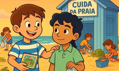 Dois meninos de cerca de 9 anos lado a lado em frente a uma pequena ludoteca de madeira azul e branca numa praia ao fim da tarde: à esquerda um menino de cabelos castanhos curtos, camiseta às riscas azul e branca, calções cáqui, sorridente e tagarela, segurando um pequeno jogo de tabuleiro limpo; à direita um menino de cabelos pretos ondulados com uma trança discreta atrás da orelha, polo verde-claro e bermuda bege, calmo e atento, com uma mão no ombro do amigo e a outra segurando um saco com lixo separado; eles acabam de limpar a praia e afixam uma grande placa pintada com uma tartaruga sorridente e o texto 