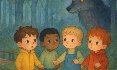Há cinco personagens: Dudu, menino de quase 3 anos, cabelo castanho despenteado, jaqueta amarela, segura a mão de Tito à esquerda e olha a floresta com olhos curiosos; Tito, menino de quase 3 anos, cabelo preto curto, suéter verde-pálido, centro-esquerda, mão dada com Dudu, expressão reconfortante; Léo, menino de quase 3 anos, cabelo loiro, jardineira azul, centro-direita, sorriso tímido, aponta para uma casa ao longe; Nino, menino de quase 3 anos, cabelo ruivo encaracolado, casaco vermelho, à direita, segura uma pequena lanterna que brilha como vaga-lume; e o grande lobo mau, animal de grande porte com pelagem cinza e preta listrada, olhos âmbar brilhantes, em retaguarda entre árvores escuras, meio sombra meio pelo, postura calma e cabeça inclinada como se cantasse. Local: uma clareira ao crepúsculo, relva com musgo, árvores altas de casca azulada, folhagem em gradiente de verde, ao fundo à direita uma pequena casa de madeira com janela redonda iluminada e à esquerda uma passarela de madeira antiga que range. Situação: as quatro crianças estão juntas numa trilha de folhas, roupas e lanternas coloridas contrastando com a floresta sombria; o lobo aparece em silhueta atrás das árvores, a luz quente da casa ilumina parte de suas costas, expressão curiosa e não ameaçadora; atmosfera suave e misteriosa, aquarela borrada, contornos suaves, jogos de luz âmbar e azul crepuscular.