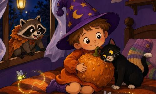 A small smiling 4-year-old boy with bright round eyes wears a funny purple wizard hat and an orange sweater-dress, tenderly cradling a round bumpy pumpkin; a black cat with white paws and big yellow eyes sits on the bed rubbing its head against the pumpkin and purring; a mischievous raccoon with a leaf cape perches on the windowsill peeking in; two yellow-green fireflies circle above the bed leaving sparkling trails; the cozy bedroom has soft purple walls, an orange-and-brown striped wool blanket, a cushion made of folded socks, ghostlike white curtains and a yellow porch light outside; scene: a gentle magical Halloween night with silver moonlight through the window, warm colors, soft contrasts, in a simple 1990s cartoon style.