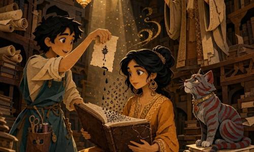 Adult woman Layla, with a soft concentrated face, determined bright eyes and black hair in an imperfect bun, wears an ochre embroidered dress and holds a cracked leather book open to her chest; Mina, about 18, lively and mischievous with short tousled hair and a teal-blue apron with sewing pockets, stands beside her offering a small parchment toward the book; the Guardian, about 60, thin, in a tea-colored robe with a fine beard and marked brows, watches from a shelf platform with hands raised as if blessing; Sultan, a small gray-and-ginger tabby, sits on a stack of manuscripts to Layla's right watching the floating sheet; setting: a vast library of dark wooden shelves, glass lamps like mini-suns, piles of parchments, golden dust motes and a Persian rug; main moment: magic ink drops fall from the parchment, become letters that fill the last page of the book, warm beams of light, crisp visuals, layered textures and soft shadows.