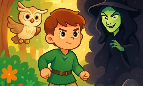 A young boy named Lucas, about 12 years old, stands bravely at the center of the scene. He has brown hair, sparkling determined eyes, and wears a green tunic with beige canvas pants. His face shows courage and kindness as he looks straight ahead, ready to defend the forest. Beside him, a wise owl with white feathers and star-like bright eyes floats in the air, appearing calm and protective, watching Lucas closely and ready to offer advice. In the background, the enchanted forest stretches majestically, with thick-trunked trees and shimmering leaves illuminated by golden sunlight. Colorful flowers and oddly shaped mushrooms dot the ground, while a crystal-clear stream winds through the landscape, singing softly. The main situation shows Lucas facing an evil witch, Morgana, who appears in a cloud of darkness. She is dressed in a flowing black robe, with cold eyes and a sinister smile. Determined to protect the magic of the forest, Lucas stands firm, ready to confront danger.