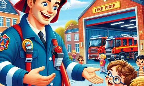 Ein Feuerwehrmann, ein großer und muskulöser Mann mit einem warmen Lächeln, trägt eine leuchtend blaue Uniform und einen glänzenden roten Helm. Er zeigt den Kindern einen Feuerwehrschlauch, mit funkelnden Augen voller Begeisterung und Stolz. Neben ihm steht ein zehnjähriger Junge namens Tim, mit zerzausten braunen Haaren und einer Brille, der den Feuerwehrmann bewundernd ansieht und ein kleines Schild „Danke, Feuerwehrmann!“ in den Händen hält. Im Hintergrund steht eine bunte Feuerwehrstation mit geparkten roten Fahrzeugen und Feuerwehrwerkzeugen an den Wänden unter einem strahlend blauen Himmel. Die Szene zeigt den Feuerwehrmann, der seine Leidenschaft für seinen Beruf mit den Kindern teilt, die alle um ihn versammelt sind und von seinen Geschichten und Demonstrationen fasziniert sind.