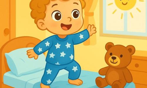 A 2-year-old boy with curly golden hair and sparkling curious eyes stands on his bed. He wears a blue pajama with white stars and smiles enthusiastically, ready for adventure. Beside him, his teddy bear, Mr. Bear, is a brown plush bear with a warm smile and bright eyes, seemingly encouraging the boy to explore. The scene takes place in a bright room with pastel yellow walls, colorful toys scattered on the floor, and a big sun shining through the window, filling the room with soft golden light. The little boy looks around, intrigued by mysterious sounds he hears. He is about to jump off his bed to discover what lies behind the door, with a joyful and excited expression on his face.