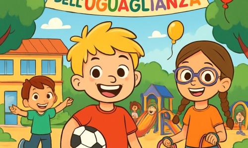 Un ragazzo di 8 anni, Mattia, con capelli biondi arruffati e occhi scintillanti di gioia, si trova al centro di un cortile scolastico soleggiato, con un grande sorriso sul volto. Indossa una maglietta rossa e un pantaloncino blu, tenendo un pallone da calcio sotto un braccio. Accanto a lui, Chiara, una ragazza di 8 anni con capelli castani intrecciati e occhiali, sorride mentre tiene una corda per saltare colorata, pronta a giocare. Un po' più in là, Luca, un ragazzo di 8 anni con capelli castani e occhi curiosi, balla felicemente, vestito con una maglietta verde e pantaloni neri. Il cortile è pieno di giochi colorati, con bambini che ridono e si divertono. Gli alberi verdi circondano il campo e palloni fluttuano nel cielo blu. Sullo sfondo si intravede un grande striscione che dice 