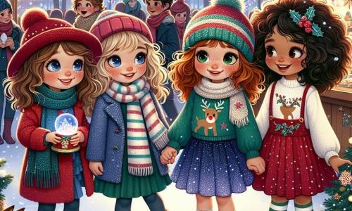 In a magical Christmas market, four seven-year-old girls stand together, their faces illuminated by the moment's magic. Mia, with curly brown hair, wears a bright red hat and a striped scarf, smiling while holding a large glittering snow globe. Lucy, with blonde hair and round glasses, is dressed in a blue coat and a sequined skirt, gazing in wonder at the decorations around her. Chloe, with smooth chestnut hair, wears a green sweater with a reindeer pattern, laughing while holding hands with Emma, who has black curly hair, a red dress, and a wool hat. Emma, a bit shy, points at a shining star hanging on a tree. The Christmas market is filled with colorful stalls adorned with lights and sparkling snowflakes. Children joyfully skate on an ice rink, while the scents of hot chocolate and gingerbread cookies fill the air. The four friends are exploring the "Generation Tree" stand, where they write Christmas wishes on colorful cards, ready to hang them on a sparkling tree, symbolizing generosity and the spirit of Christmas.