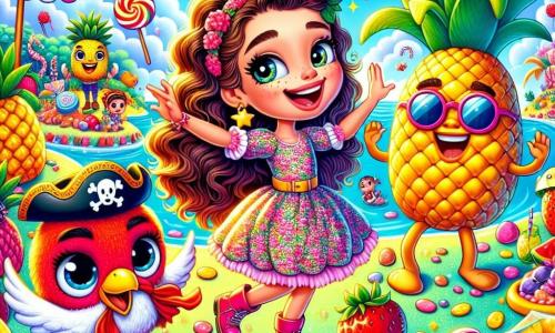 Uma menina de 10 anos, chamada Lila, com longos cabelos cacheados e olhos brilhantes de curiosidade, dança alegremente em uma ilha colorida, cercada por frutas gigantes. Ela usa um vestido florido e tem um grande sorriso no rosto, mostrando sua empolgação. Ao seu lado, um pequeno galo com um chapéu de pirata, o Capitão Cocorico, bate as asas e ri, acrescentando à atmosfera festiva. Um abacaxi em vestido rosa, chamado Abacaxi Rita, dança girando, enquanto um morango com óculos de sol, o Morango Mago, observa a cena com uma expressão surpresa. O local é uma ilha encantada feita de doces e frutas gigantes, com palmeiras de marshmallow e um céu azul brilhante, salpicado de nuvens em forma de algodão doce. A cena principal mostra Lila e seus amigos frutas dançando juntos, celebrando uma competição de dança alegre, enquanto uma banana disfarçada de ninja se aproxima furtivamente, pronta para roubar frutas.