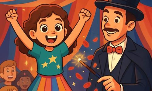 Uma menina de 12 anos, Clarinha, com grandes olhos brilhantes e cabelos castanhos cacheados, está no palco, radiante de alegria e excitação. Ela usa uma camiseta com estrelas cintilantes e uma saia colorida, com os braços levantados em sinal de triunfo, como se tivesse acabado de realizar um incrível truque de mágica. Ao seu lado, um homem de sorriso caloroso, o mágico, com cerca de 40 anos, usando um chapéu alto preto e uma capa brilhante, a observa com orgulho, pronto para ajudar. Ele segura uma varinha mágica, cercada por pétalas de rosas que flutuam no ar. O cenário é uma grande tenda de circo, adornada com cores vivas: vermelho, azul e dourado, com luzes brilhantes que iluminam o palco. Ao fundo, espectadores maravilhados aplaudem, com rostos radiantes de admiração. A cena principal mostra Clarinha, em plena performance, flutuando levemente acima do chão, cercada de magia e mistério, enquanto o público aplaude entusiasticamente, criando uma atmosfera de alegria e encantamento.