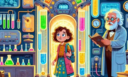 Em primeiro plano, uma menina de 12 anos, Sofia, com cabelos cacheados e olhos brilhantes de curiosidade, está diante de uma máquina do tempo. Ela usa um vestido colorido e uma mochila cheia de livros, seu rosto irradiando excitação e apreensão. Ao lado dela, o Dr. Vicente, um homem de cerca de 60 anos, com cabelos brancos bagunçados e grandes óculos, observa Sofia com um sorriso encorajador, segurando um quadro cheio de esquemas científicos. A cena acontece em um laboratório de ciências iluminado, repleto de tubos de ensaio coloridos, livros antigos e telas exibindo gráficos futuristas. Luzes piscam ao redor da máquina do tempo, que se parece com uma cabine telefônica vintage, decorada com botões e mostradores misteriosos. Sofia, pronta para ativar a máquina, está diante do painel de controle, enquanto o Dr. Vicente lhe explica as etapas da experiência, criando uma atmosfera de antecipação e magia.