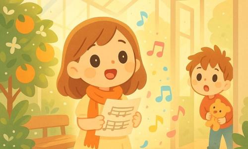 A young female singer, radiant and moved with a soft smile and bright eyes, wears a light cream dress and an orange scarf, holds a sheet of music and sings standing near a bench; a curious six-year-old boy with tousled hair watches discreetly from the orangery door holding a small comfort toy, face full of wonder; a small round yellow bird flutters near the glass ceiling with blurred wings as if listening; the orangery is a large glass-walled greenhouse with terracotta tiles, rows of green orange trees heavy with fruit and white flowers and dewy leaves; morning light streams in golden rays casting warm reflections and delicate branch shadows; the girl is centered as colored musical notes (pale blue, pink, yellow) swirl around her with petals and sparks of light; soft pastel palette with saturated orange accents, simple rounded shapes and clear expressive features conveying joy and focus.