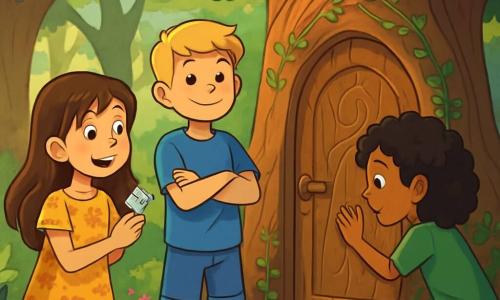 Er zijn 3 personages: - Emma: een 10-jarig meisje met lange bruine haren en sprankelende ogen. Ze draagt een gele bloemenjurk en houdt een kleine glanzende kristal in haar hand. Ze staat links en kijkt nieuwsgierig naar de deur van de boom. - Lucas: een 11-jarige jongen met kort blond haar, gekleed in een blauwe t-shirt en een spijkerbroek. Hij staat in het midden met zijn armen gekruist en toont een vastberaden glimlach terwijl hij naar de mysterieuze deur kijkt. - Noor: een 10-jarig meisje met krullend zwart haar, gekleed in een groene tuniek. Ze staat rechts, voorovergebogen en raakt gefascineerd de deur van de boom aan. De locatie is een betoverd bos met grote bomen met knoestige stammen die naar de lucht reiken, hun felgroene bladeren filteren het zonlicht. In het midden van deze scène staat een enorme oude eik majestueus met een in zijn stam geïntegreerde houten deur, omringd door kleurrijke bloemen en lianen. De hoofd situatie toont de drie vrienden voor de deur van de boom, vol opwinding en nieuwsgierigheid, klaar om een magische wereld vol mysteries en zelfreflectie binnen te gaan.