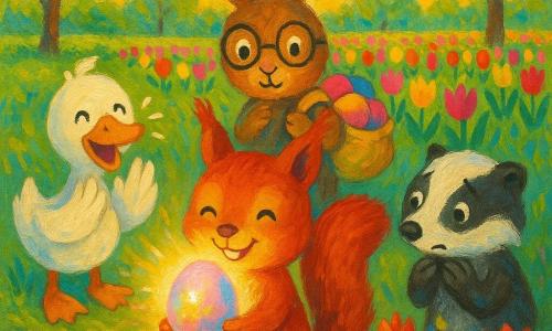 Fips, ein kleiner roter Eichhörnchen, staunend und lächelnd, hält behutsam ein in Rosa, Gelb und Blau schillerndes Ei auf seinen Pfoten, umgeben von einem leichten Lichtschein; links am Teichrand applaudiert die fröhliche weiße Entendame Lotte mit orangefarbenem Schnabel, hinter Fips steht der neugierige, erfreute braune Hase Bruno mit runden Brillengläsern und einer Tasche voller bunter Eier, rechts blickt der schüchterne Dachs Pinsel mit Farbflecken an den Pfoten gerührt auf die wiederfarbenden Tulpen; die Szene spielt in einer frühlingshaften Lichtung mit grünem Gras, Reihen bunter Tulpen, klarem Bach und zarten Bäumen unter goldenem Spätnachmittagshimmel, das leuchtende Ei verbreitet eine warme Stimmung, sichtbare Pinselstriche und Acryltextur.