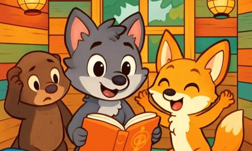 In una capanna di legno con pareti dipinte di colori vivaci, Leo, un piccolo lupo dagli occhi brillanti e dal sorriso caloroso, si trova al centro, con un'espressione sia eccitata che un po' nervosa, tenendo un grande libro aperto davanti a sé. Accanto a lui, Nina, una volpe dal pelo dorato e dalle grandi orecchie curiose, sorride entusiasta, con le zampe alzate come per incoraggiare Leo. Marco, un tasso con il pelo marrone e gli occhi rotondi, si trova leggermente in disparte, con un'espressione perplessa ma divertita, grattandosi la testa con una zampa. La capanna è circondata da fiori colorati, lanterne scintillanti e cuscini morbidi sparsi sul pavimento, creando un'atmosfera calda e accogliente. Leo, pronto a condividere le sue idee, guarda i suoi amici con determinazione, mentre l'eccitazione e l'amicizia fluttuano nell'aria.