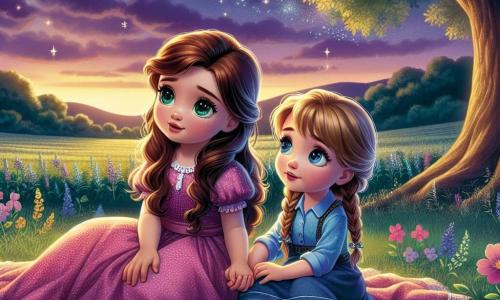 Due personaggi principali: Anna, una bambina di quattro anni con lunghi capelli castani e occhi scintillanti, indossa un vestito rosa a pois bianchi ed è seduta sull'erba con un sorriso meravigliato. Accanto a lei c'è Sofia, un'altra bambina di quattro anni con capelli biondi intrecciati e occhi blu, vestita con una blusa blu e un pantaloncino di jeans, che le tiene la mano con tenerezza. Il luogo è un vasto campo verde, illuminato dalla luce dolce del crepuscolo, con il cielo che si tinge di sfumature viola e dorate. Stelle scintillanti iniziano a comparire, illuminando il cielo notturno, mentre un grande quercia si erge maestosa sullo sfondo, con i suoi rami che si estendono come braccia accoglienti. La scena principale mostra Anna e Sofia sedute insieme sull'erba, che guardano il cielo stellato con meraviglia. Anna, che aveva paura del buio, scopre la bellezza delle stelle e ascolta il canto rassicurante di un gufo, mentre Sofia le spiega che il buio può essere un amico.