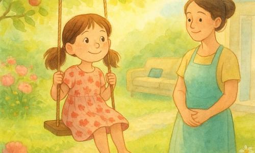 Bambina di 6 anni con capelli castani raccolti in codini, viso rotondo con leggere lentiggini, occhi aperti e sorriso dolce; è seduta su un’altalena di legno a piedi nudi, veste un vestito a fiori rosso chiaro, postura libera e gioiosa. La madre (circa 30–35 anni) con un grembiule pastello e i capelli in chignon la osserva da un vialetto ghiaioso, sorridente e benevola, con le mani incrociate o che tengono uno stampo da dolce. In secondo piano, dalla porta finestra socchiusa si intravede un divano con un tablet spento sopra. Giardino luminoso con erba rasata, aiuole fiorite (peonie rosa, margherite bianche), un melo le cui fronde lasciano filtrare raggi dorati in un cielo azzurro pallido; atmosfera di calma e ristoro dopo la pausa dallo schermo, palette acquerello tenue con tocchi di giallo e verde.