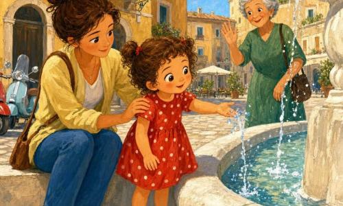 A 4-year-old girl with curly brown hair in two small pigtails, large hazel eyes, wearing a red dress with white polka dots and small blue shoes, reaches toward the sparkling fountain with a curious, shy smile; her mother, about 30, chestnut hair in a bun, wearing a light yellow jacket, sits on the fountain's left edge holding the girl's right shoulder with a gentle, reassuring face; a kind woman about 60 in a green dress with short gray hair stands behind the fountain smiling and waving a polite “no.” Setting: a paved Italian square with beige and ivory slabs, a carved white stone fountain spraying glistening droplets, ochre buildings with flowered balconies, parked scooters and a pale blue sky. Scene: the girl wants to touch the water but the woman gestures refusal while the mother reassures her as they watch the splashes together; warm sunny atmosphere, bright colors and visible acrylic-paint textures.