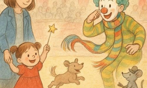 A smiling, chubby 2-year-old girl with brown pigtails in a simple red dress and blue shoes holds a red balloon in her right hand and waves a star wand with the other; behind her a male clown (30–40) with white face paint, a red round nose, colorful wig and yellow-green striped costume pulls a long multicolored scarf from a drum that tickles the girl's feet and flies toward his nose; a small gray mouse wearing a tiny hat stands on a miniature chair holding a mini broom and smiles at the girl; the mother in a blue coat with loose chestnut hair stands to the left holding the girl's left hand; a light brown acrobatic dog jumps in the center ring; all inside a red-and-white striped circus tent with wooden bleachers, blurred spectators and warm spotlights on a golden sawdust ring, joyful, comic atmosphere with exaggerated expressions.