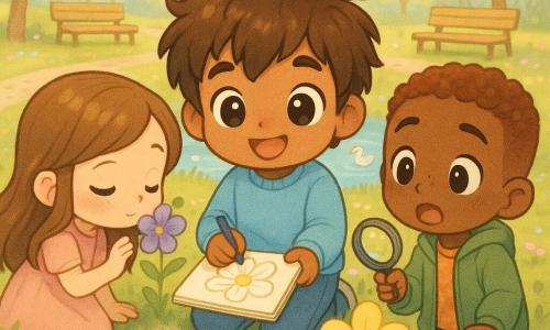 Três crianças de cerca de 12 anos — Tomás, agachado a desenhar uma grande flor branca num caderno; Inês, à esquerda, cheira uma flor violeta; Rafa, à direita, com lupa sobre o pólen e o caderno sobre uma pedra — num parque primaveril com caminhos floridos, relvado, lago com um pato, bancos e árvores; atmosfera luminosa e calorosa, cores pastéis e texturas de pólen e pétalas.