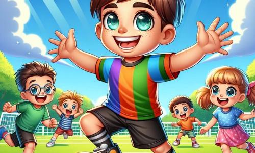 A man, Oliver Blake, is at the center of the image, smiling with bright eyes full of joy and enthusiasm. He wears a brightly colored football jersey of his team, black shorts, and sports shoes. His brown hair is slightly messy, and he is dribbling a football on a grassy field, surrounded by admiring children. To his right, a little girl about 8 years old, with pigtails and a beaming face, raises her arms in the air, shouting with joy. She wears a team-colored t-shirt and shorts. To his left, a 10-year-old boy with short hair and glasses holds a football tightly against his chest, his eyes wide with admiration, ready to join the game. The setting is a sunny park with a clear blue sky and a few fluffy white clouds. Lush trees line the field, and children play in the background, creating a joyful and dynamic atmosphere. The main scene shows Oliver teaching the children how to dribble the ball, with enthusiastic gestures and bright smiles, capturing the spirit of camaraderie and passion for football.