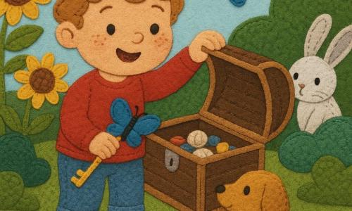A joyful, wide-eyed 4-year-old boy with light brown curly hair, round cheeks and freckles holds a shiny key and gently opens a wooden chest; a small golden dog named Daisy sits beside him, curious, while a shy white rabbit with gray spots peeks from behind a blue bush holding a colored pencil; a vivid blue butterfly hovers above the chest, briefly landing on the boy’s hand. The setting is a secret, colorful garden with very soft green grass, large yellow sunflowers, rounded mossy bushes, ochre dirt paths and shells on the chest, bathed in soft warm light through leaves for a safe, magical atmosphere. Visual style: simple fabric-cutout shapes with visible stitches, felt and cotton textures, bright contrasting colors suitable for toddlers.