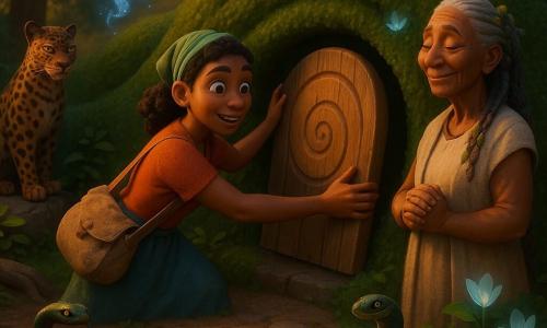 Imagine pentru ilustrarea unei povești pentru copii (stil 3D film de animație) pentru vârsta de 10 ani: Nandi, femeie de ~25 de ani, cu privire hotărâtă, poartă un sac de pânză prăfuit și așază o ușă mare de acacia într-un gol rotund dintr-un gard viu sculptat în valuri; La Păzitoarea, femeie de ~60 de ani, piele bronzată și părul împletit cu frunzulițe, stă în dreapta cu mâinile împreunate, liniștită și aprobatoare lângă intrarea în Grădină; un leopard închis la culoare, cu ochi chihlimbariu, stă pe o piatră în fundal, iar Unyoka, un șarpe verde-închis cu o semilună albă pe frunte, se înfășoară pe o rădăcină lângă marginea unei gropi puțin adânci; Moya-Mic, spirit de ceață, apare ca un nor strălucitor jucăuș deasupra unui pod improvizat; locul e marginile unei Grădini magice cu flori luminescente, pământ umed, pietre și liane, lumină crepusculară aurie; acțiunea principală arată momentul reparării, Nandi potrivește ușa cu semnul unei spirale, transmițând ușurare, respect și o atmosferă blândă, eroică, cu tonuri calde și verzi adânci și contraste de lumină.