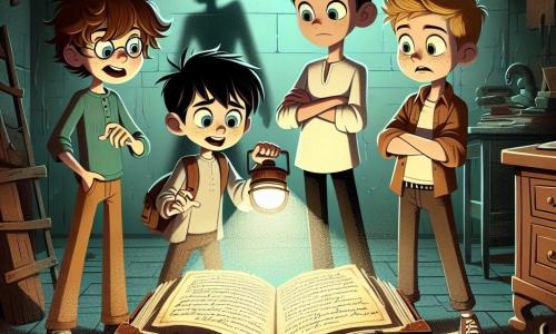 En un viejo sótano oscuro, cuatro amigos están juntos: **Javier**, un chico de 12 años con cabello castaño desordenado y gafas, mira con curiosidad un gran libro antiguo sobre una mesa. **Lucas**, un chico de 12 años con cabello rubio y ojos brillantes, señala una sombra inquietante detrás de ellos. **Mateo**, un chico de 12 años con cabello negro y una expresión escéptica, se mantiene un poco atrás, con los brazos cruzados, observando la escena con desconfianza. **Tomás**, un chico de 12 años con cabello rojizo y pecas, sostiene una pequeña linterna, iluminando el libro misterioso. El sótano está lleno de viejos muebles cubiertos de polvo, con telarañas en las esquinas. La luz temblorosa de la linterna crea sombras danzantes en las paredes, añadiendo un ambiente de misterio. En el centro de la ilustración, los amigos leen en voz alta pasajes del libro, mientras una ligera bruma comienza a elevarse a su alrededor, revelando siluetas oscuras que parecen cobrar vida. Las expresiones de los niños reflejan tanto emoción como miedo, capturando la esencia de su aventura en un cuento aterrador.