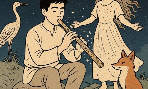 An adult man (Joon) with a gentle face, focused eyes and slightly hopeful brows, short black hair and simple light linen clothing sits on a mountaintop rock playing a long bamboo flute engraved with dragons; behind him slightly raised stands a young-looking woman in a shimmering star-speckled gown with long wavy hair, palms open to the sky inviting the music and smiling kindly at Joon. A small jade-green toad with bright eyes perches on a stone near the flute with a raised paw; a silver crane with outstretched wings stands left on a tuft of grass and a red fox with a white-tipped tail sits right watching the flute. The scene is a starry mountain summit at night with soft mist, textured rocks, reeds and a shimmering stream in the foreground; Joon plays a luminous missing note that becomes tiny glowing notes around the flute, wind stirs the grasses and feathers and the air seems to vibrate with motion lines and shooting stars. Style: fine ink line art, crisp strokes and textured details, centered composition, soft chiaroscuro, magical calm atmosphere.