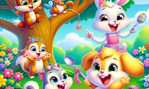 A happy rabbit named Benny, with large floppy ears and a bright smile, is jumping for joy under a big oak tree, holding a shiny spoon in his small paws. Next to him, Clara, a mischievous squirrel with a bushy tail and sparkling eyes, smiles while holding a piece of mirror, perched on a branch. Max, a playful puppy with golden fur and a cheerful expression, is standing at the bottom of the tree wearing a rubber duck on his head and laughing out loud. Lily, a curious little cat with soft fur and bright eyes, is sitting on the grass, holding a pink sock and laughing with her friends. The setting is a colorful garden filled with vibrant flowers and green trees under a sunny blue sky. The friends have gathered for a joke contest, each proudly showing off their treasures while laughing together, creating a joyful and friendly atmosphere.
