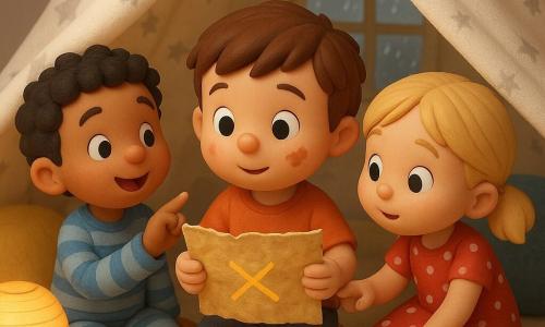 Three children, about four years old: a short-haired brown-haired boy with a cocoa smudge on his cheek sits center holding a crinkled shiny map and looking left; a blonde girl in pigtails and a red polka-dot dress sits to his right, leaning in and touching the map; a curly black-haired boy in blue striped pajamas sits left, smiling and pointing at the fort’s ceiling. They are inside a blanket fort made from a white star-patterned cover with blue and yellow cushions and a warm paper lamp on the floor casting a soft light; a half-spilled mug of cocoa and a fogged window with drawn raindrops are visible. The children discover a gleaming treasure map—small hands clutching a map marked with a gold-ink X—creating an intimate, warm, wonder-filled atmosphere with visible fabric textures.
