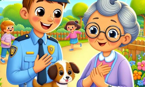 Officer Tim, a smiling male police officer in a neat blue uniform and a police hat, has brown hair and sparkling eyes. He is holding a fluffy puppy named Max, who is wagging his tail excitedly. Next to him is Mrs. Jenkins, an elderly woman around 70, with gray hair in a bun and round glasses. She is wearing a pink sweater and beige pants, looking at Officer Tim with gratitude, hands on her heart. The scene takes place in a sunny park with green trees, colorful flowers, and a gravel path. In the background, children are playing and birds are singing, creating a joyful and peaceful atmosphere. The main situation shows Officer Tim returning the lost puppy, Max, to Mrs. Jenkins, who expresses her joy and appreciation.